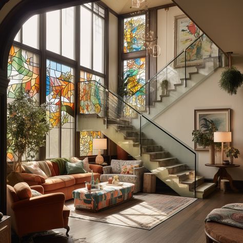 Interesting House Interior, Stained Glass Window Interior, House Interior Eclectic, Murals In Homes, Cool Home Designs, San Francisco Home Interior, Artistic House Interior, Eclectic House Design, Artsy House Interior