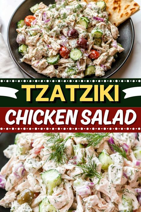 This creamy tzatziki chicken salad is a burst of amazing flavor! With tomatoes, onions, olives, and feta cheese, it's positively irresistible. Things To Eat With Tzatziki Sauce, Chicken Salad With Cottage Cheese, Tzatziki Chicken Salad, Family Feast Recipes, Feta And Olives, Chicken Beer, Tzatziki Chicken, Beer Dip, Amazing Salads