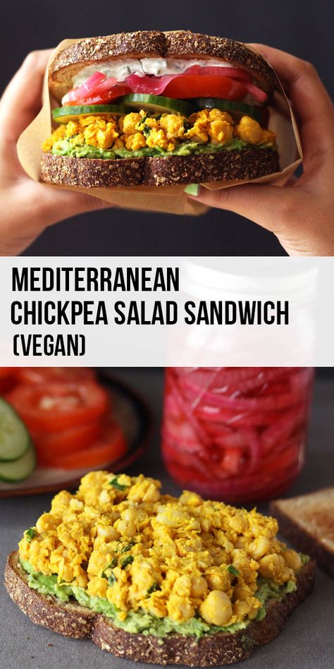 Smashed Chickpea, Thick Vegan, Chickpea Sandwich, Vegan Mediterranean, Mediterranean Chickpea, Vegan Sandwich Recipes, Chickpea Salad Sandwich, Vegan Tzatziki, Mediterranean Chickpea Salad