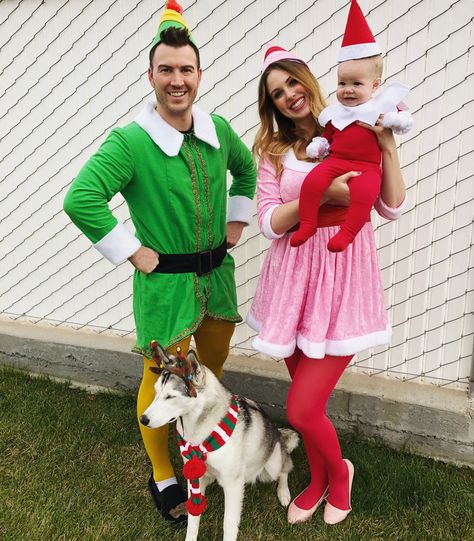 Family Halloween costumes. Buddy the Elf, Jovie, Elf on the Shelf, Rudolph the Red-Nosed Reindeer. Jovie Elf, Baby Elf Costume, Buddy The Elf Costume, Diy Elf Costume, Vampire Costume Diy, Christmas Outfit Ideas For Family, Pirate Costume Diy, Christmas Elves, Pet Halloween Costumes