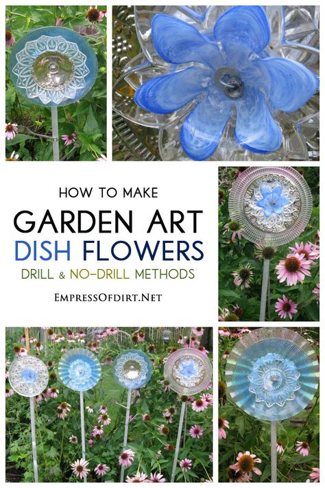 How to make garden art dish flowers using both drill and no-drill methods Glassware Garden Art, Glass Garden Flowers, Garden Totems, Glass Plate Flowers, Dish Garden, Garden Whimsy, Outdoor Crafts, Glass Garden Art, Garden Art Projects