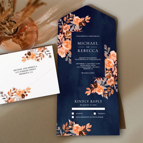 Rustic Earthy Terracotta Floral Navy Blue Wedding All In One Invitation #zazzle #weddinginvitations #birthdayinvitations #babyshowerinvitations #zazzleinvitations #monogram #businesscards #graduation #homedecor Peach Roses Bouquet, Terra Cotta Wedding, Earthy Terracotta, Winter Deserts, 50th Party, Wedding Blue, Rustic Blue, Rsvp Postcard, Navy Blue Wedding