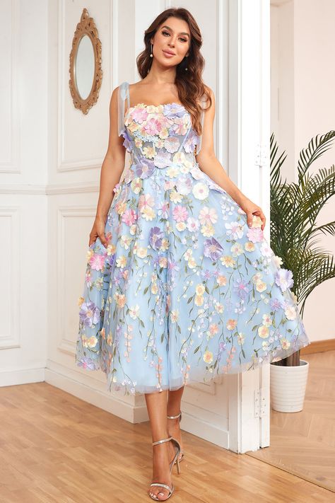 Tea Length Formal Dresses, Dress With 3d Flowers, Prom Dress A Line, Floral Ball Gown, Tea Length Prom Dress, Princess Bridal Gown, Outfits For Mexico, Fashionable Saree Blouse Designs, Blue Tea