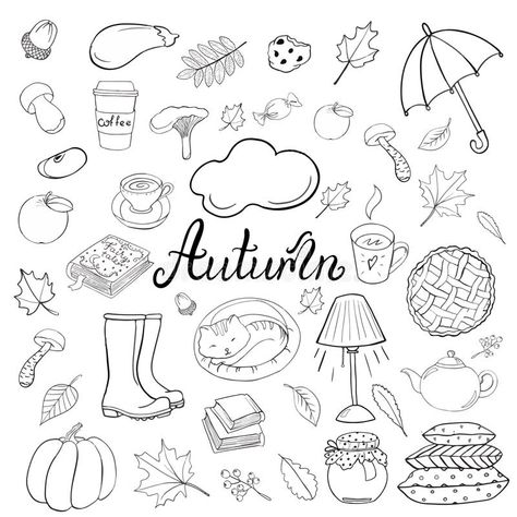 Fall Drawings Autumn, Cute Fall Doodles, Cozy Doodles, Doodle Fall, Autumn Sketches, Fall Doodles, Doodle Elements, Autumn Doodles, Planner Doodles