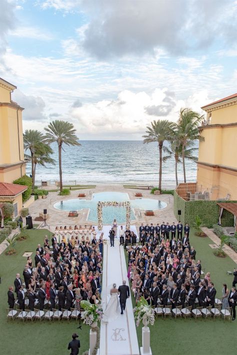 Eau Palm Beach Wedding, Poolside Wedding Ceremony, White Bridesmaids Dresses, Waterfront Wedding Ceremony, Miami Beach Wedding, Palm Beach Resort, Palm Wedding, Dreams Resorts, Beach Wedding Reception