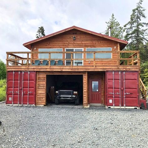 Vertical Shipping Container Home, Shipping Container Garage With Apartment, Shipping Container Homes With Garage, Double Shipping Container Homes, Shipping Container Woodshop, Container House With Garage, Sea Can Garage, Storage Container Cabin, Container Door Ideas