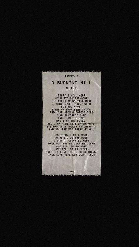 Mitski Inspired Wallpaper, Mitski Receipt, A Burning Hill Mitski, Mitski Wallpaper Aesthetic, Mitski Wallpapers Lyrics, Mitski Lyrics Wallpaper, Mitski Lockscreen, Mitski Lyrics Aesthetic, Song Receipt