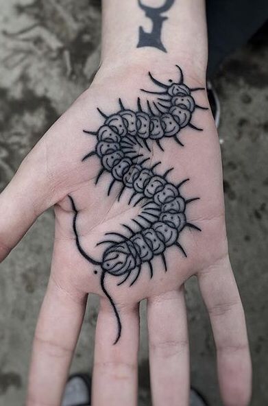 Centipede Hand Tattoo, Palm Tattoo Hand, Traditional Centipede Tattoo, Centipede Tattoo Design, Hand Palm Tattoos, Centipede Tattoo, Palm Tattoo, Feminine Skull Tattoos, Feminine Tattoo Sleeves