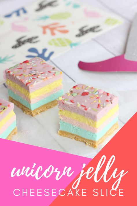 Our Jelly Slice has always been one of the most popular recipes on our website, and I get the feeling this rainbow coloured Unicorn Jelly Cheesecake Slice is set to be just as popular.  It’s the perfect treat for unicorn themed birthday parties. Slices Recipes Easy, Weetbix Slice, Jelly Cheesecake, Aesthetic Chocolate, Cheesecake Slice, Jelly Slice, Baking Aesthetic, Slice Recipe, 4 Ingredient Recipes