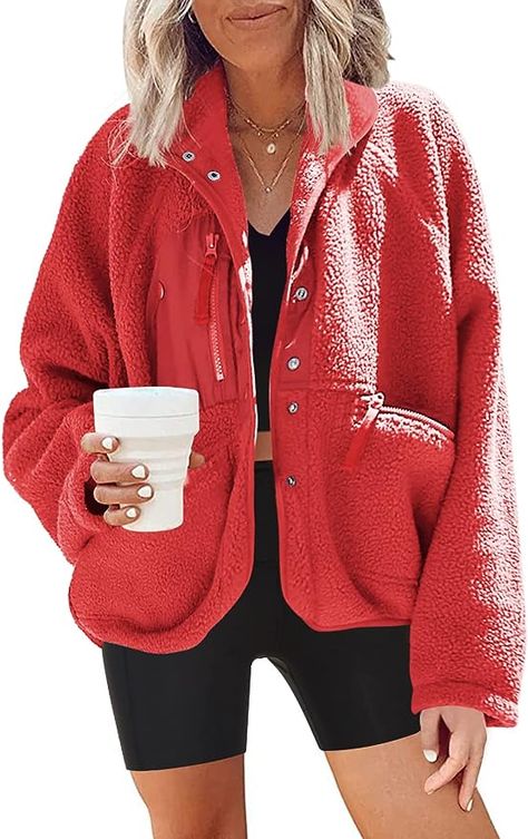 Trendy fall fashionable red sherpa button up jacket Free People Fleece, Red Fleece Jacket, Free People Aesthetic, People Aesthetic, Cute Coats, Fleece Jacket Womens, Red Fleece, Oversize Fashion, Red Coat