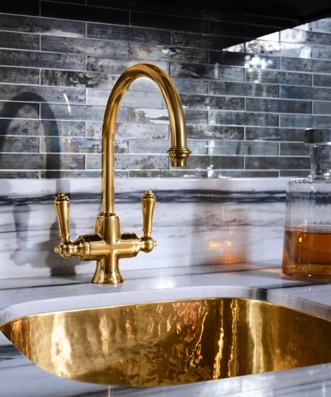 Brass Sinks Kitchen, Bar Sinks Ideas, Brass Sink Kitchen, Brass Faucet With Stainless Steel Sink, Bar Sink Ideas, Wet Bar Faucet, Sink Trends, Gold Kitchen Sink, Waterworks Kitchen