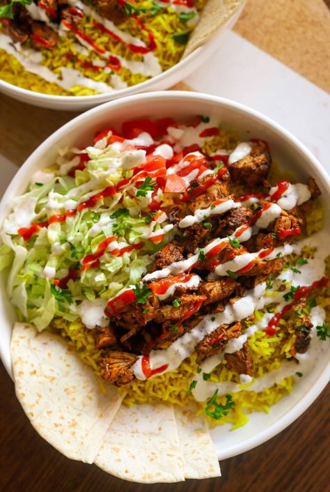 » Halal Cart Chicken and Rice Halal Chicken, Honey Chipotle Chicken, Garlic Spread, Honey Chipotle, Chicken Rice Bowls, Chicken Shawarma, Halal Recipes, Middle Eastern Food, Chicken Skewers