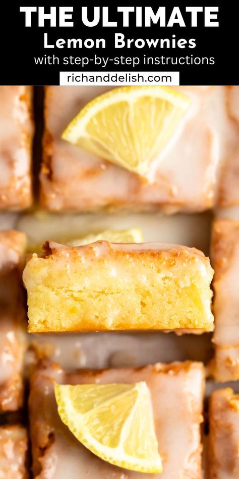 These incredible lemon brownies are made with fresh lemon juice and zest, and topped with a lemon glaze. These bursts of citrus flavor in every bite. Blonde Recipes, Holiday Recipes Christmas Desserts, Lemon Blondies, Christmas Main Dishes, Moist Brownies, Lemon Juice Uses, Lemon Brownies, Lemon Dessert Recipes, Lemon Glaze