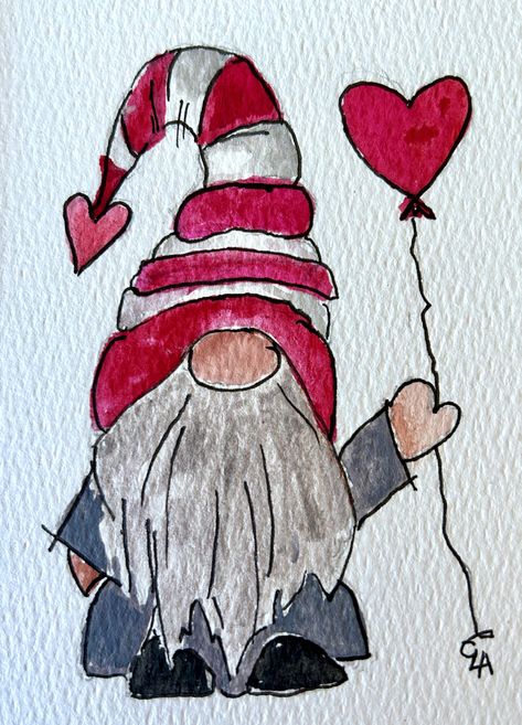 Watercolor Christmas Knomes, Watercolor Nomes, Christmas Gonk Drawing, Gnome Watercolor Paintings, Watercolor Gnomes Christmas, Christmas Watercolor Ideas Xmas Cards, Gnomes Drawing, Gnome Drawing, Gnomes Watercolor