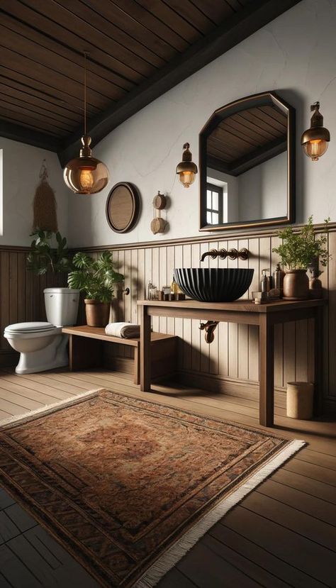 21+ Insanely Cute Bathroom Decor Apartment Ideas You Will Love Decor Apartment Ideas, Black Vessel Sink, Alexa Aesthetic, Decorating An Apartment, Dark Brown Bathroom, Cute Bathroom Decor, Earthy Bathroom, Cute Bathroom, Rustic Bath