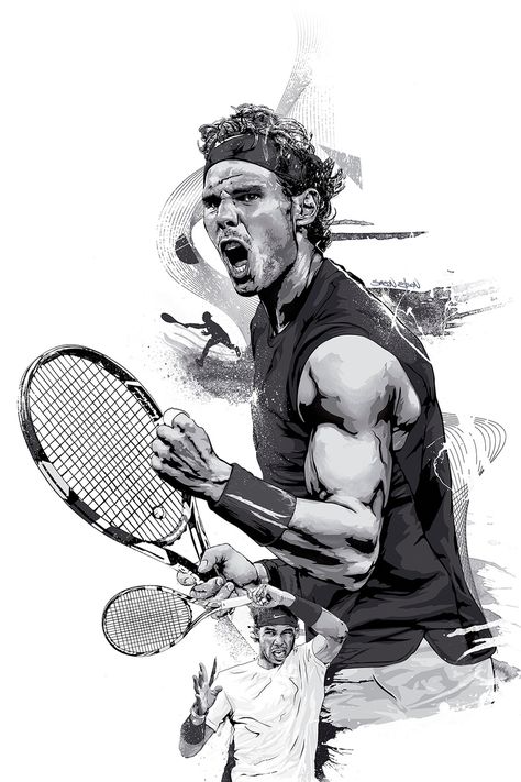 Nadal Illustrated Poster - Simeon Elson - Freelance Sports Illustrator - Key Artist, Fashion, Photo Retoucher - Vector Artist - London Tennis Sketch, Sports Sketch, Tennis Illustration, Sports Illustrations Art, Tennis Artwork, Tennis Rafael Nadal, Tennis Wallpaper, Sports Cartoon, Tennis Poster