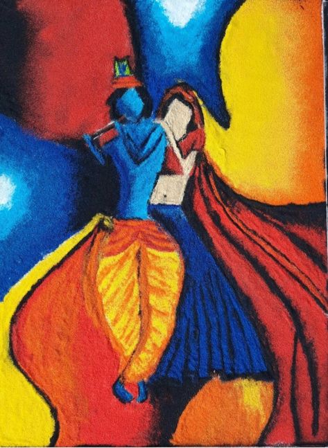 Colourful, shaded Rangoli of lord Krishna with Radha ❤ Shaded Rangoli, Krishna With Radha, Lord Krishna, Canvas Art Painting, Canvas Paintings, On Board, Krishna, Canvas Painting, Art Painting