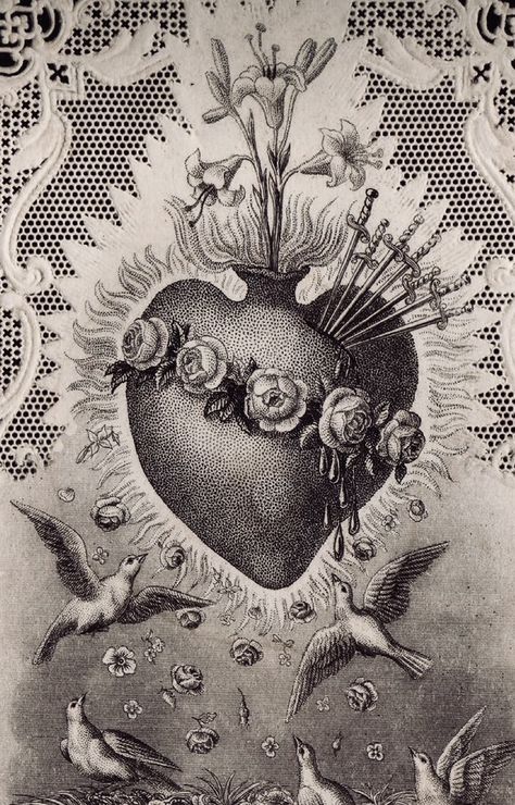 Sacred Heart Of Jesus Wallpaper, Sacred Heart Tattoo Mexican, Immaculate Heart Tattoo, Immaculate Heart Of Mary Tattoo, Sacred Heart Illustration, Sacred Heart Drawing, Sacred Heart Tattoo Design, Vintage Sacred Heart, Sacred Heart Of Mary