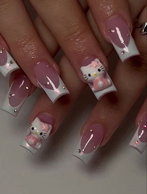 Hello Kitty Nail Ideas Simple, Hello Kitty Nails Acrylic Coffin Short, Charm Nails Almond, Hello Kitty Nails With Gems, Hello Kitty Set Nails, Hello Kitty Acrilyc Nails, Pink Hello Kitty Nails Short, Medium Arclyc Nail, Hello Kitty Simple Nails