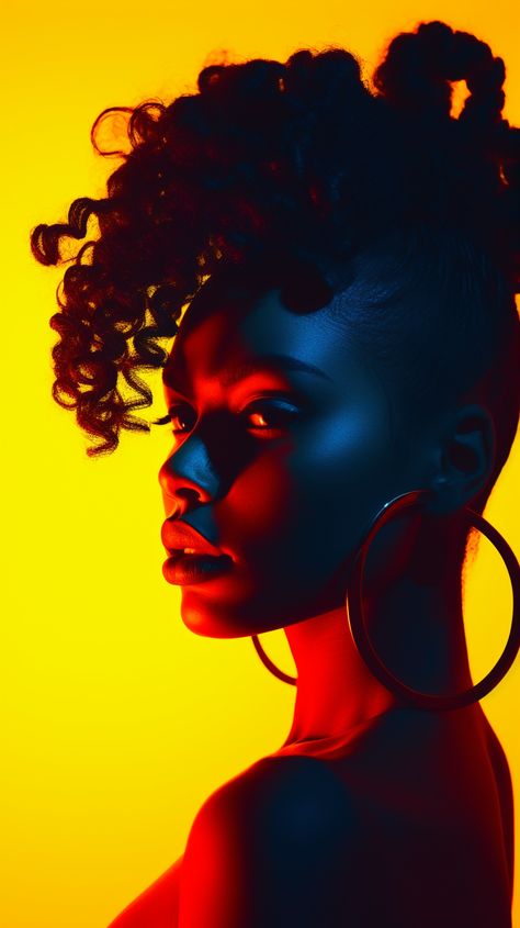 Contrast Reference Photo, Bold Color Photography, Art Reference Photos Aesthetic, Interesting Lighting Photography, Bold Photography, Black Woman Portrait Photography, Photography Portraits, Colorful Photography, Colour Gel Photography