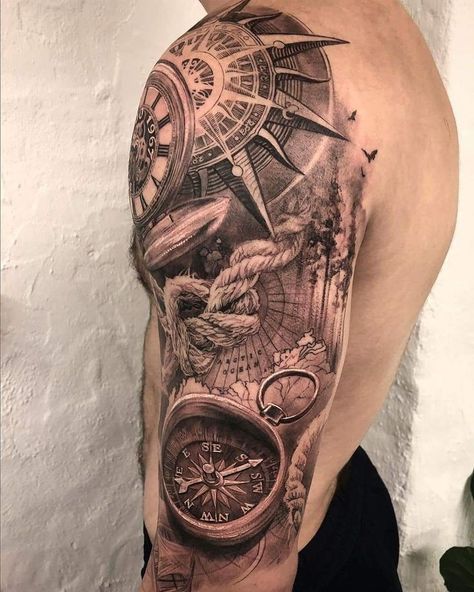 Ship Tattoo Sleeves, Celtic Sleeve Tattoos, Compass Tattoo Men, Nautical Tattoo Sleeve, Navy Tattoos, Forearm Band Tattoos, Compass Tattoo Design, Map Tattoos, Men Tattoos Arm Sleeve