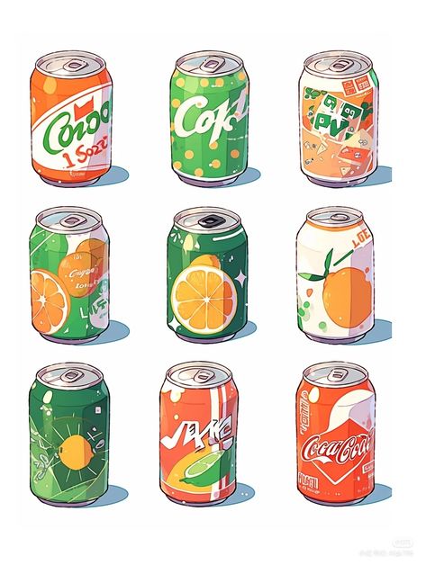 Can Illustration Soda, Soda Can Reference, Convenience Store Illustration, Cans Illustrations, Soda Can Illustration, Soda Can Drawing, Soda Drawing, Snacks Illustration, Drinks Drawing