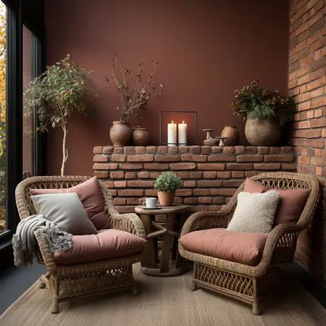 20 Paint Colors to Complement Your Red Brick Wall - HearthandPetals Boho Red Paint Colors, Brick Red Wall Paint, Brick Fireplace Wall Color, Indoor Brick Wall Ideas Living Room, Paint With Red Brick, Red Brick Color Palette, Red Brick Wall Living Room, Red Brick Wall Interior, Red Brick Interior