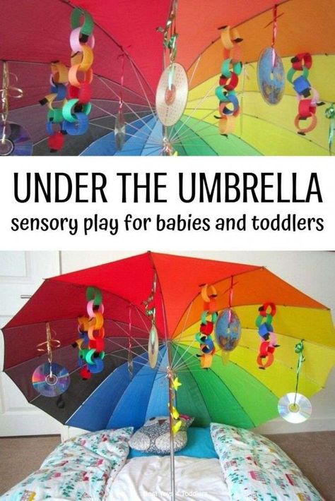 Under the Rainbow Umbrella sensory play activity for babies and toddlers to stimulate visual sense. #visualsensoryprocessing #sensoryplay #undertherainbow #rainbowtheme #activityforbaby #activityfortoddlers #naptime #besttoys4tots Baby Sensory Play, Baby Play Activities, Baby Learning Activities, Diy Bebe, Kids Sensory, Baby Sensory, Baby Development, Baby Learning, Sensory Activities