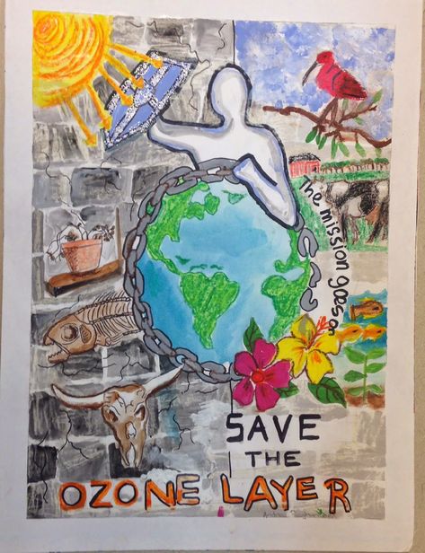 Ozone Layer Depletion Poster, Dussera Painting, Protection Of Ozone Layer Poster, Environmental Awareness Posters, Ozone Day Poster Drawing, Environment Drawing Ideas, Save Water Poster Drawing, Earth Day Drawing, Earth Day Posters