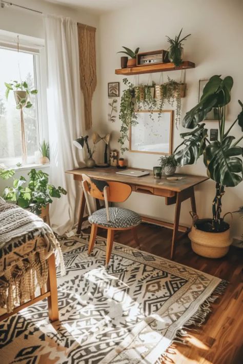 25 Super Cozy Boho Style Bedroom Ideas - Bedroom With Workspace, Office With Daybed, Boho Style Bedroom Ideas, Style Bedroom Ideas, Chic Workspace, Cozy Boho Bedroom, Cozy Window Seat, Bedroom Workspace, Workspace Ideas