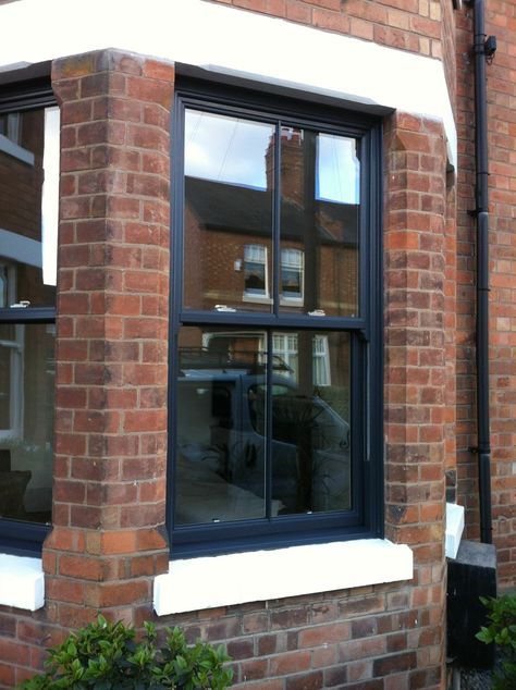 Houses With Black Windows, Window Ideas Exterior, Bay Window Ideas Exterior, Upvc Window Design, Victorian Features, Victorian Bay Window, Upvc Sash Windows, Bay Window Ideas, Window Design Ideas