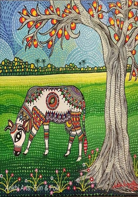 Gond Painting Easy, Kantha Painting, Gond Art Easy, Gond Art Motifs, Gond Painting Design, Gond Painting Folk Art, Gond Art Paintings, Cow Grazing, Grazing Cow