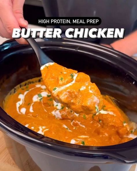 High protein low calorie recipes on Instagram: "Eat or Pass? 👀  Butter Chicken By @stealth_health_life 👈  Per Serving (Rice Bowls): 460 Calories 38g Protein 50g Carbs 11g Fat  Per Serving (Butter Chicken only): 260 Calories 34g Protein 7g Carbs 11g Fat  Ingredients: 30g butter 2 onions, chopped 2 tablespoons tomato paste 2 tablespoons garlic paste 2 tablespoons ginger paste 2 tablespoons paprika 1 tsp cayenne 2 tablespoons garam masala 1 tsp cumin 1 tsp coriander 2 tsp salt Dash of black pepper  One 14 oz can of crushed fire roasted tomatoes 1/2 cup (120ml) water  Optional (add when blending) 1 tablespoon chicken bouillon 1 tablespoon sugar or zero calorie sweetener  32oz chicken breast, diced  High: 2-3 hours Low: 3-4 hours  250g plain nonfat greek yogurt or skyr 30g butter  For rice bo Healthy Butter Chicken Recipe, Stealth Health, Slow Cooker Meal Prep, Family Meal Prep, Ginger Paste, Chicken Bouillon, Nonfat Greek Yogurt, High Protein Low Calorie, Winter Comfort Food