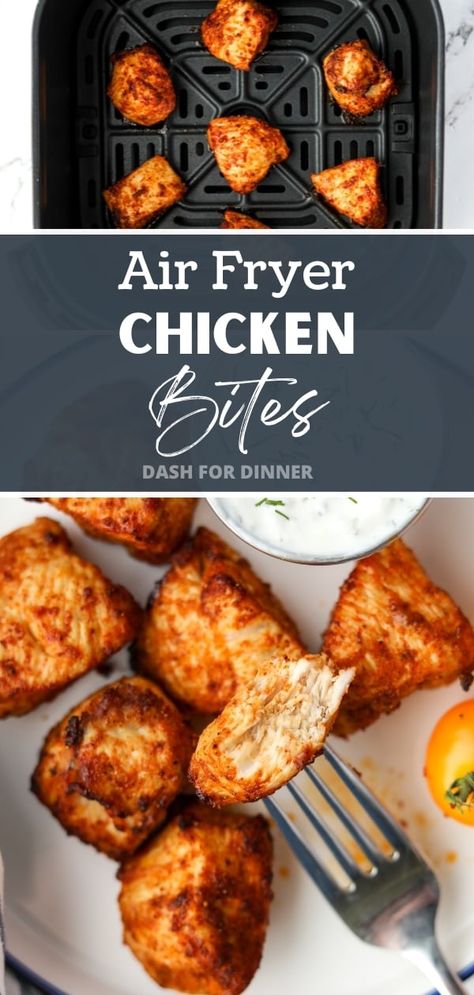 Whether you're looking for air fryer dinner recipes or ways to use chicken breasts, this easy recipe for Air Fryer Chicken Bites is sure to be a new favorite! Made with just a few simple ingredients, this chicken breast recipe is unbreaded, gluten-free, and low carb. It's perfect for meal prep, weeknight dinners, and makes the perfect high protein option for your favorite healthy dinners! Airfryer Chicken Meal Prep, Chicken Breast In Air Fryer Time, Supper Ideas Low Calorie, Airfryer Chicken Chunks, Almond Flour Chicken Nuggets, Air Frying Chicken Breast, Cooking Chicken Breast In Air Fryer, Meals In The Air Fryer, Easy Chicken Wings In Air Fryer