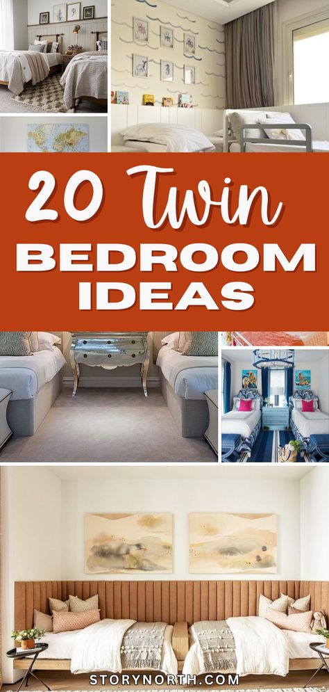 Save this pin for inspiring twin bedroom decor ideas that will elevate your shared space to new heights! Discover unique design concepts and clever storage solutions to create a harmonious and stylish room. #HomeDecor #TwinBedroom #SharedSpace #InteriorDesignIdeas End To End Twin Beds, Two Twin Beds In One Room Storage, Twin Rooms Ideas, Head To Head Beds Shared Room, Guest Twin Bedroom Ideas, Three Person Bedroom Ideas, Bedroom Twin Bed Ideas, Multi Beds In One Room, Small Bedroom Twin Bed Layout