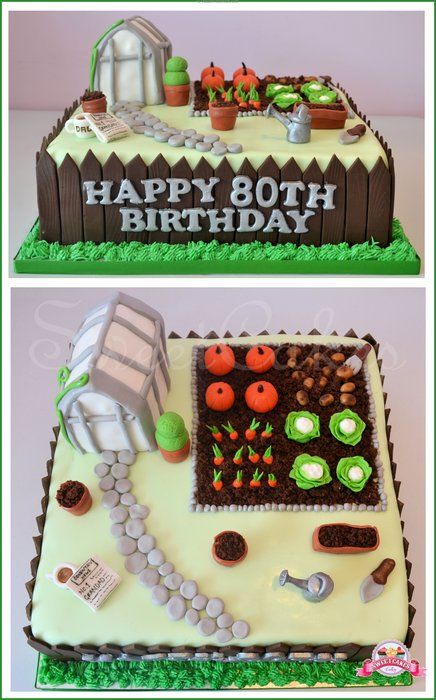 Allotment Cake - by SweetCakesCakery @ CakesDecor.com - cake decorating website Allotment Cake, Garden Birthday Cake, 70th Birthday Cake, 80 Birthday Cake, Dad Birthday Cakes, Vegetable Patch, Farm Cake, 60th Birthday Cakes, Garden Cakes