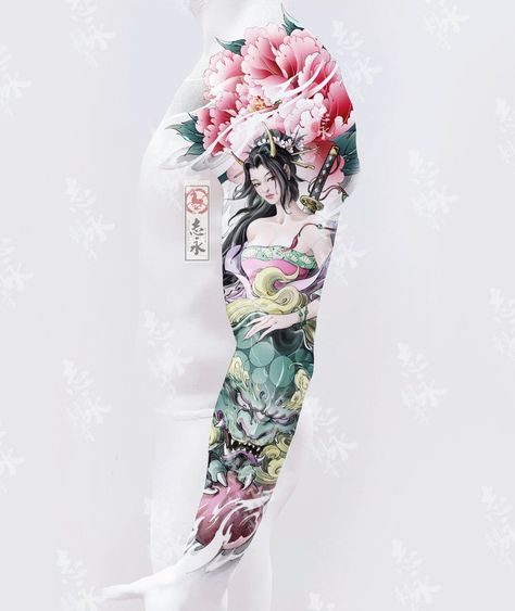 Arm Tattoos Japanese, Tato Geisha, Gangster Tattoo, Asian Dragon Tattoo, Mangas Tattoo, Samurai Tattoo Design, Wolf Graphic, Yakuza Tattoo, Full Arm Tattoos