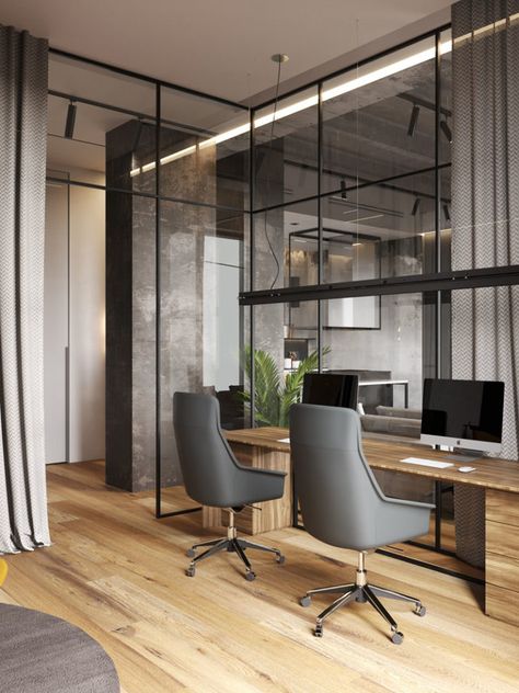 A Glass Wall Separates The Living Room From The Home Office In This Modern Loft Apartment Office Loft Design, Modern Loft Apartment, Loft Office, Modern Office Interiors, Modern Office Design, Glass Walls, Modern Loft, Loft Design, Spacious Kitchens