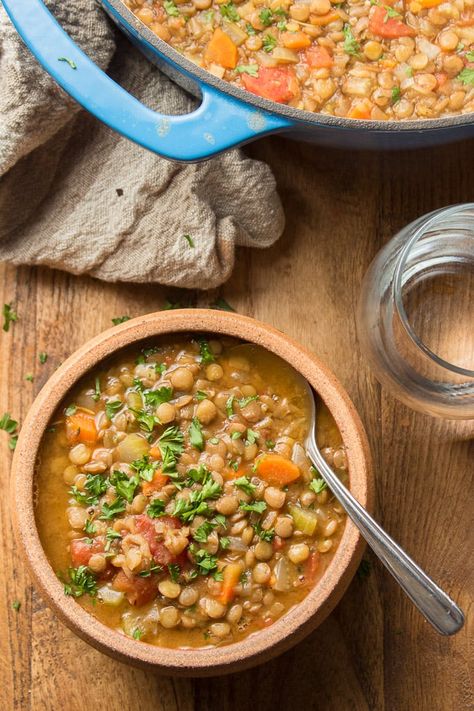 This lentil soup is packed with savory flavor and guaranteed to warm you up! Hearty enough to make a meal of and easy enough for a weeknight. This healthy soup is naturally vegan and gluten-free too! #lentilsoup #vegansoup #healthysoup #souprecipes Lentil Soup Recipe Healthy, Curried Lentil Soup, Lentil Soup Recipes, Vegan Soup Recipes, Lentil Stew, Vegan Soups, Lentil Recipes, Vegan Soup, Easy Soups