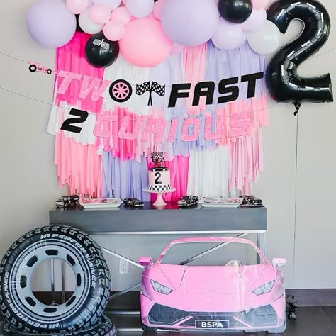 Girly Race Car Party, Growing Up 2 Fast Birthday Theme Girl, Birthday Ideas For 2 Year Girl, 2 Fast 2 Curious Birthday Girl, Two Fast Two Furious Birthday Girl, 2 Fast 2 Furious Birthday Party Girl, Two Fast Two Curious Birthday Party Girl, Girl Race Car Birthday Party Ideas, Two Fast Birthday Girl