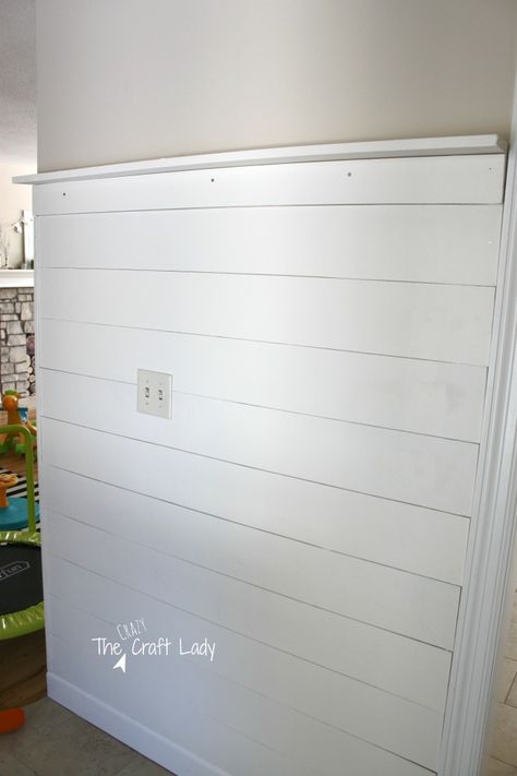 How to Make a Plank Entry Wall - The Crazy Craft Lady Plank Ceilings, Shiplap Entryway, Shiplap Ideas, Installing Shiplap, Wall Trends, Foyer Ideas, Plank Ceiling, Shiplap Wall, Shiplap Accent Wall