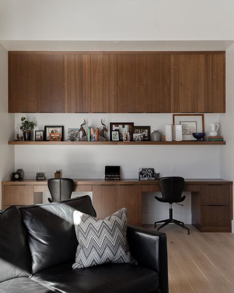 The sleek home office from the Modern Canyon Build. The built in desk is made from a warm walnut and offers ample storage and workspace.… | Instagram Mid Century Modern Office Built In, Modern Office Built In Cabinets And Desk, Built In Desk With Drawers, Modern Built In Desk, Oak Office Built Ins, Built Light Wood Desk, Walnut L Shaped Desk, Walnut Bookcase Built In, Office Built In Cabinets And Desk