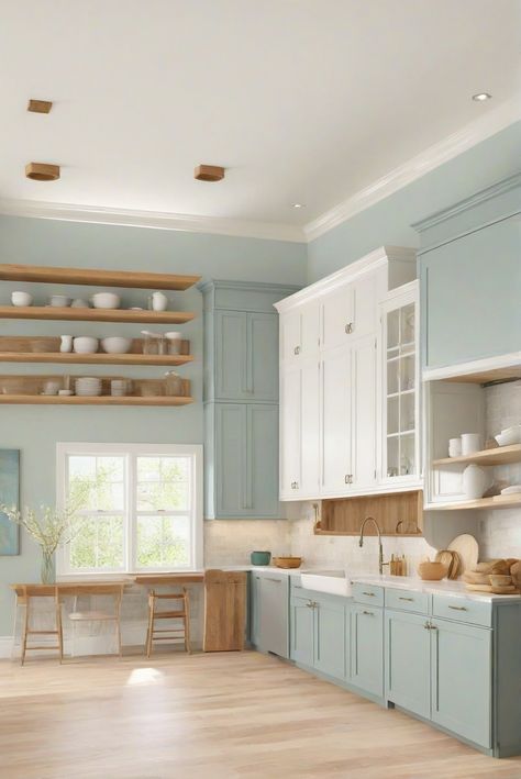 kitchen paint colors, best kitchen paint, oak kitchen cabinets, wall paint for kitchen Sherman Williams Sea Salt Kitchen Cabinets, Seasalt Color Kitchen Cabinets, Beach Cabinets Kitchen, Sea Salt Painted Furniture, Light Teal Kitchen Walls, Coastal Kitchen Cabinets Paint Colors, Light Blue Walls Kitchen, Light Teal Kitchen Cabinets, Blue Grey Kitchen Walls