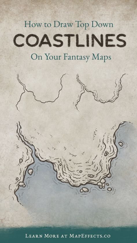 One of the biggest challenges with fantasy maps in a top down perspective is they tend to look a bit flat. Fortunately, there are some simple tricks you can use to build up the layers of the landscape to give a sense of depth. In this Map Tip we’ll be looking at how to draw cliffs on a coastline in this perspective and make them really stand out in your map. #mapeffects #fantasy #rpg #drawing #maps Fantasy Map Coastline, Top Down Map Drawing, Top Down Fantasy Map, How To Draw Ruins On A Map, Homemade Fantasy Map, Fantasy Maps World, Castle Map Drawing, Fantasy Map Outline, Diy Fantasy Map With Rice