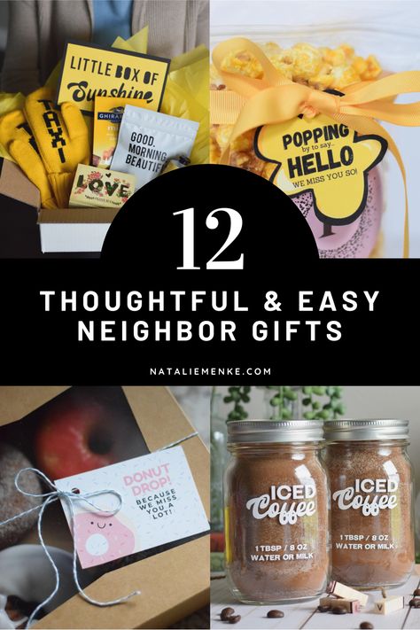 Turn 5 minutes and a printable gift tag into thoughtful neighbor gifts using the inspiration gathered in today's roundup of my top 12 Neighbor gifts. Spreading smiles throughout your community has never been easier! Free gift tag downloads included! #neighborgift #just because Neighborhood Christmas Gifts, Introduction Gift, Welcome New Neighbors, New Neighbor Gifts, Thank You Baskets, Neighborhood Gifts, Christmas Neighbor, Neighbor Christmas Gifts, Free Gift Tags