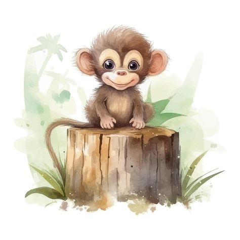 Vector cute little monkey cartoon on stu... | Premium Vector #Freepik #vector #tropical #nature #grass #background Tree With Watercolor, Whimsical Art Drawings, Paint Monkey, Monkey Cartoon, Monkey Drawing, Monkey Illustration, Whimsical Art Paintings, Tropical Nature, Watercolor Decor