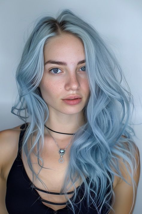 #fashion, #style, #outfitinspiration, #beauty Periwinkle Hair Dark Roots, Light Blue Hair Ideas, Light Blue Money Piece Hair, White Hair With Blue Highlights, Platinum Blue Hair, Greyish Blue Hair, Sky Blue Hair Color, Gray Blue Hair, Light Blue Hair Color