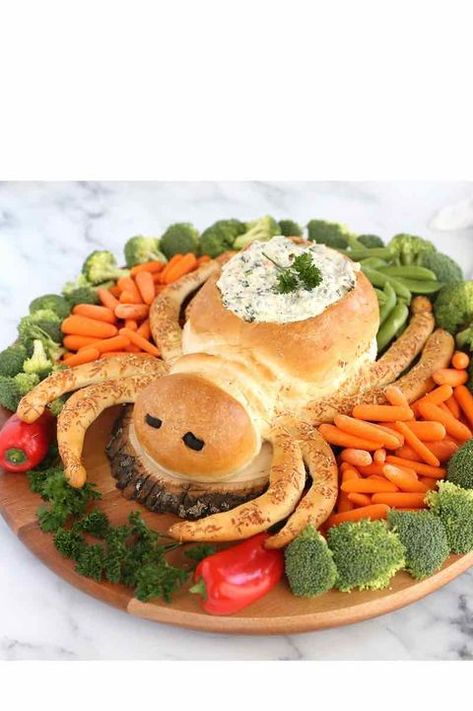 Spider Bread Dip Bowl Halloween Veggie Tray Ideas, Spider Bread Bowl, Bread Dip Bowl, Spider Bread, Halloween Meals, Spooky Foods, Halloween Veggie Tray, Bread Shapes, Fun Halloween Appetizers