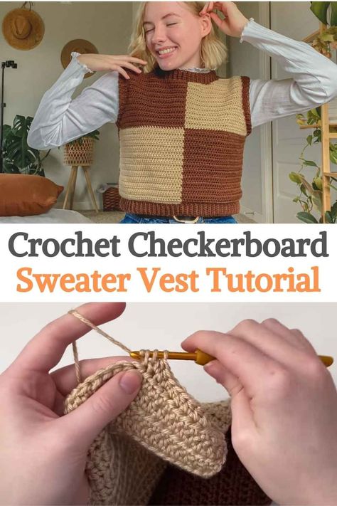 Crochet Checkered Vest Pattern Free, Sweater Vest Crochet Pattern Free, Cookie Sweater, Checkerboard Sweater, Checkerboard Cookies, Vest Tutorial, Infinity Scarf Tutorial, Checker Vest, Crochet Cable Stitch