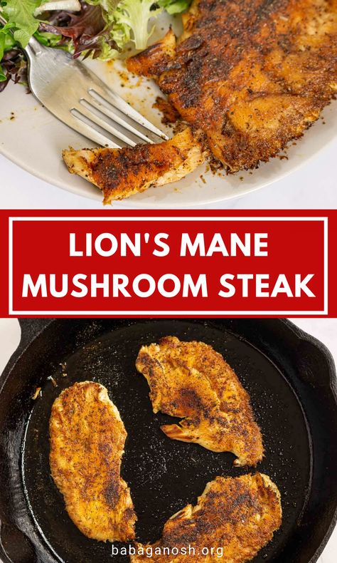 Lions Main Steak, Lions Main Recipes, Lions Mane Burger, Lions Maine Recipes, Lions Mane Mushroom Recipe Air Fryer, Lions Mane Steak Recipe, Lions Mane Mushroom Steak, How To Cook Lions Mane Mushrooms, Lion’s Mane